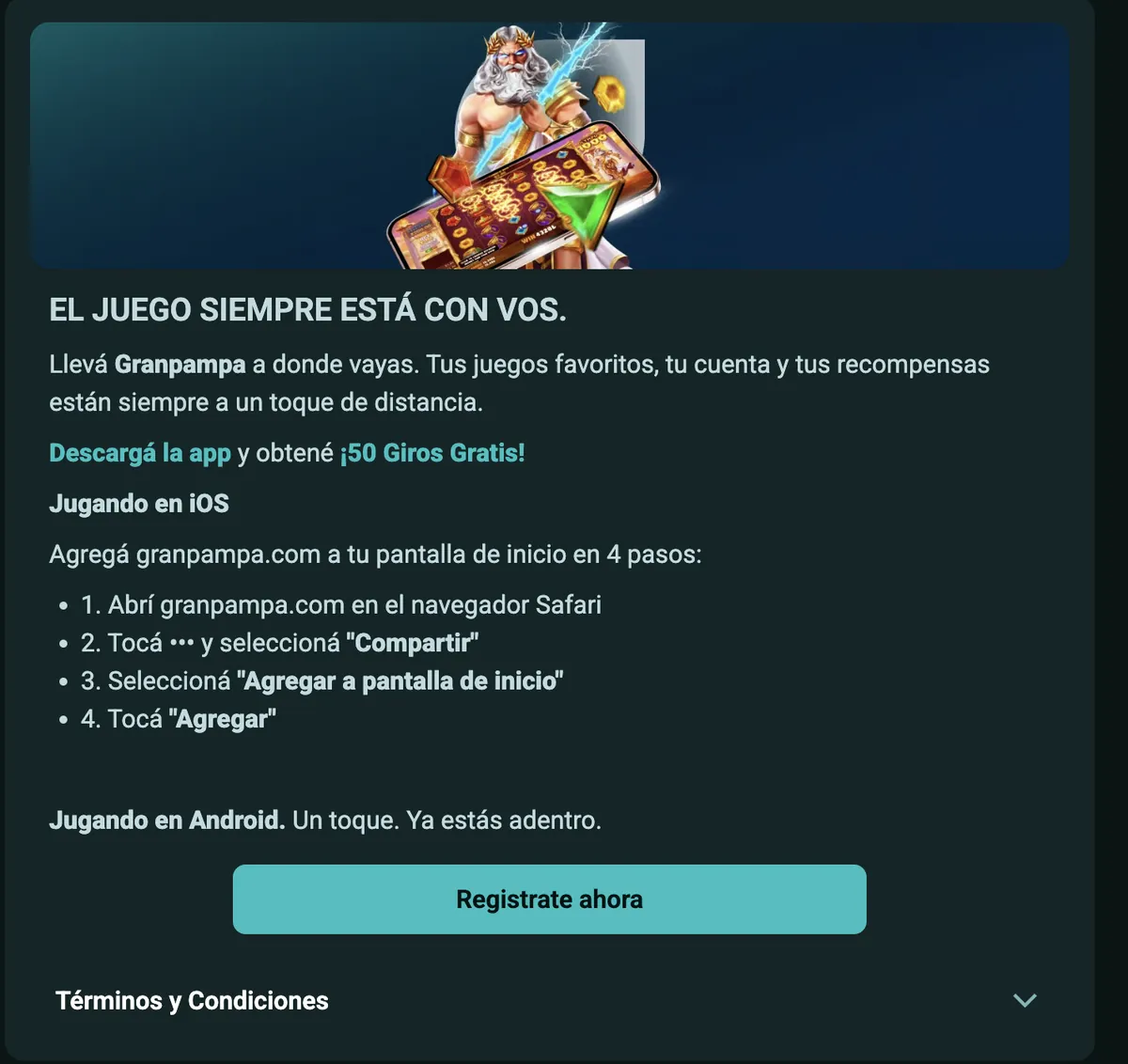 Página do app Granpampa com instruções para iPhone e Android
